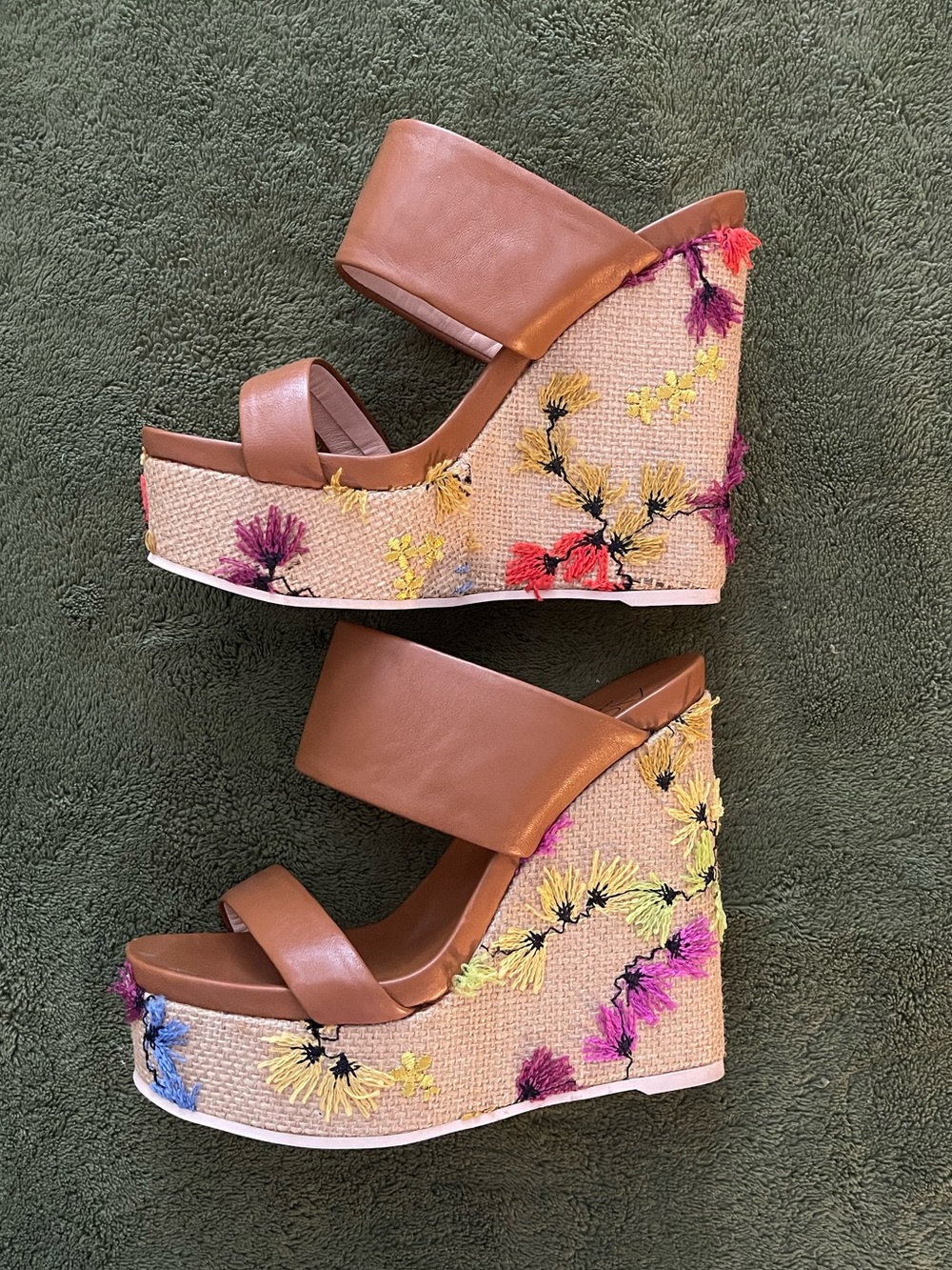 Agl Brown Leather Wedge Sandals with Multicolor Floral Embroidery